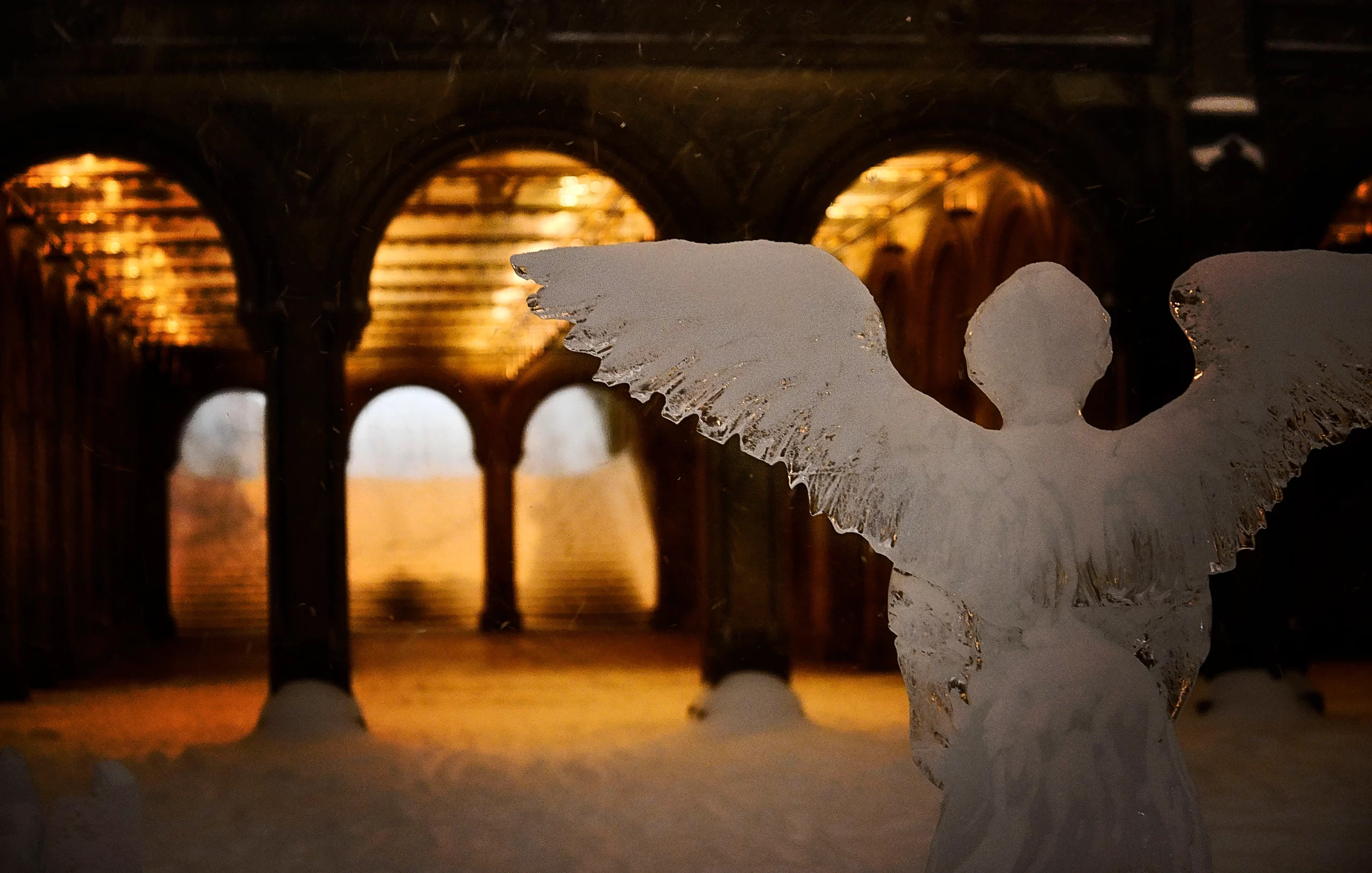 An ice angel sculpture at the Bethesda Fountain in Central Park.
