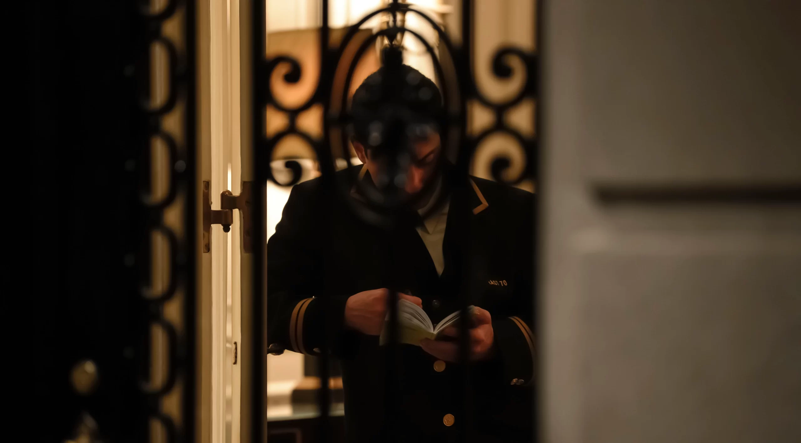 A doorman reading on the job.